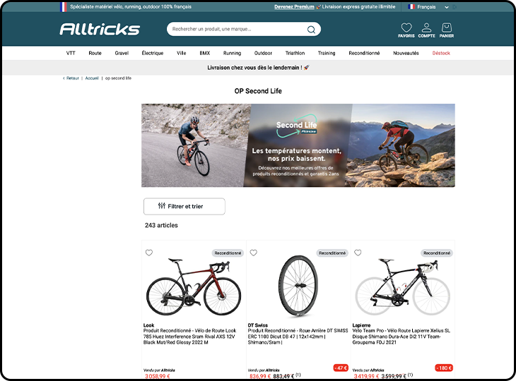 Capture d'écran du design du site web alltricks.fr sur les produits en destockage