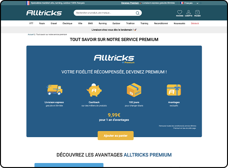 Capture d'écran du design du site web alltricks.fr sur le service Alltricks Premium