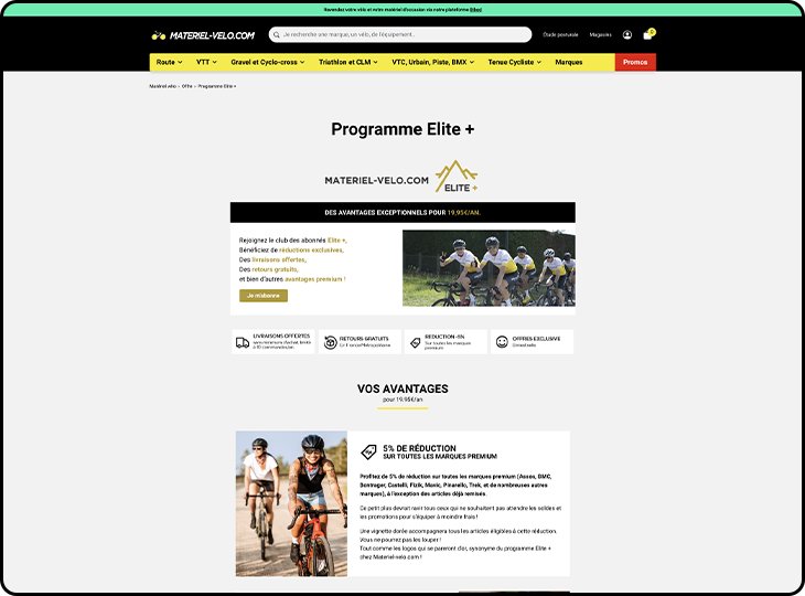 Capture d'écran du design du site web materiel-velo.com sur les avantages du programme Elite +