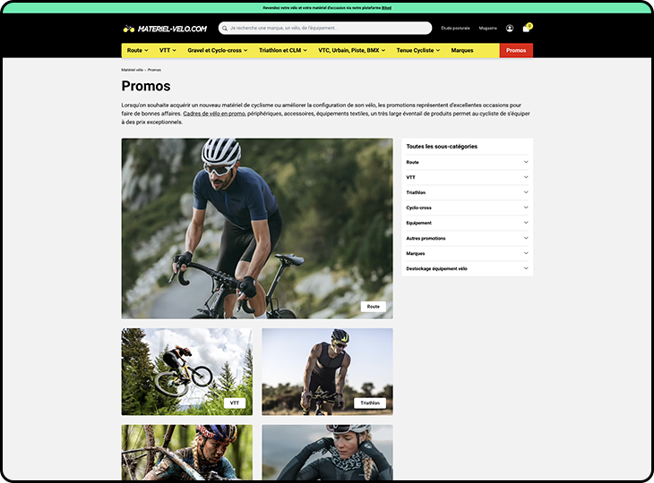 Capture d'écran du design du site web materiel-velo.com sur les produits en promotion