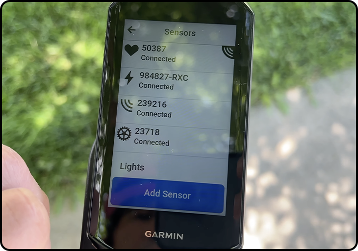 Menu de paramétrage des capteurs ANT+ et Bluetooth du Garmin Edge 1050